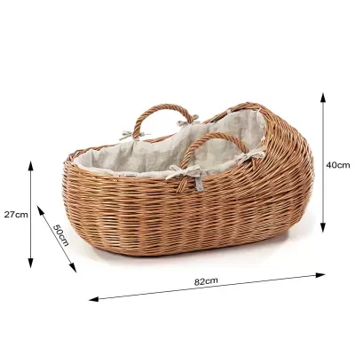 Cesta de verga com tecido bege no interior e pegas torcidas, apresentada com medidas em cm.