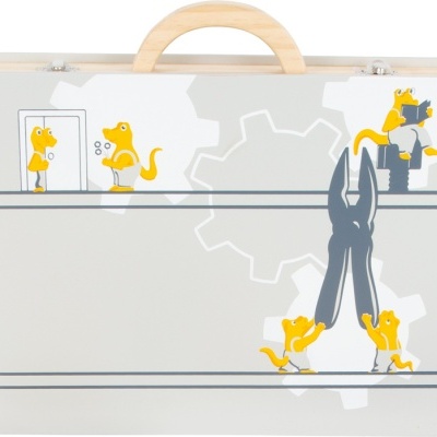 Mala cinzenta com desenhos de ratos amarelos e ferramentas pretas