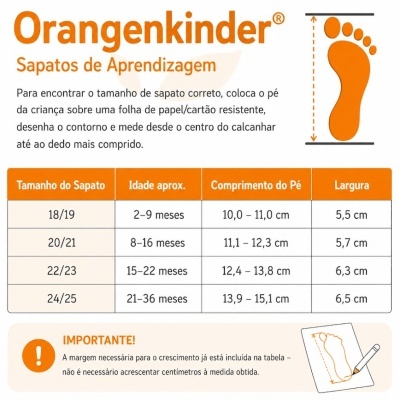 Tabela de tamanhos de sapatos para crianças Orangenkinder com informações de idade, comprimento do pé e largura.