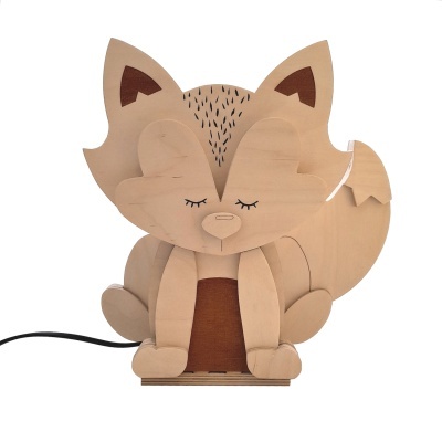 Abajur de madeira em forma de raposa com olhos fechados