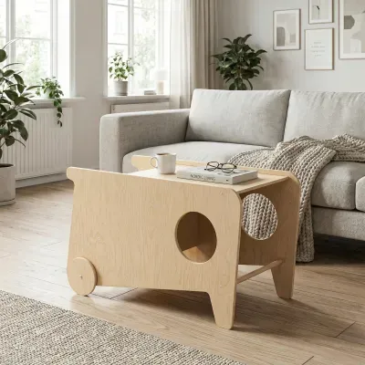 Mesa de centro pequena em madeira clara com design circular numa sala moderna com sofá cinza claro e plantas verdes