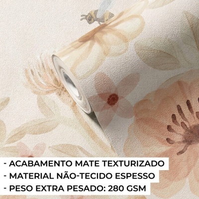 Rolo de papel de parede floral texturizado em tons pastel com texto explicativo em português.