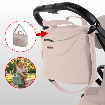 Bolsa bege para carrinho de bebé com fecho e alças, fixada a carrinho preto