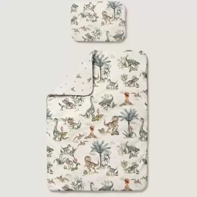 Conjunto de roupa de cama infantil com padrão de dinossauros em tecido claro