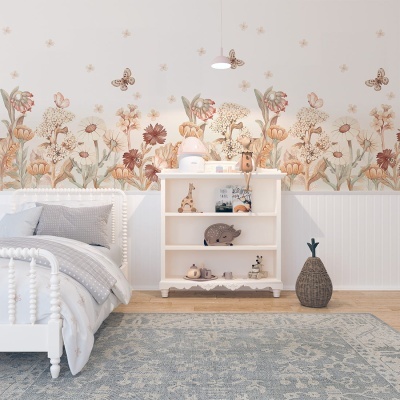 Quarto infantil com cama branca, papel de parede florido e estante branca com brinquedos