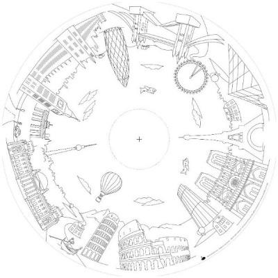 Desenho circular a preto e branco de marcos famosos da Europa