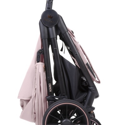 Carrinho de bebé dobrável rosa claro e preto com texto BabyLux e ROMBO