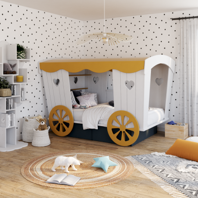 Quarto infantil com cama carruagem branca e amarela, parede com pontos pretos e estante branca em forma de nuvem