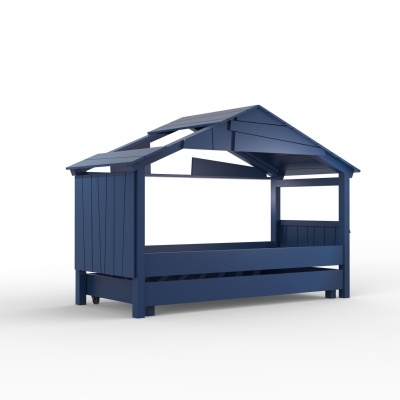 Cama de criança em madeira azul com forma de casinha