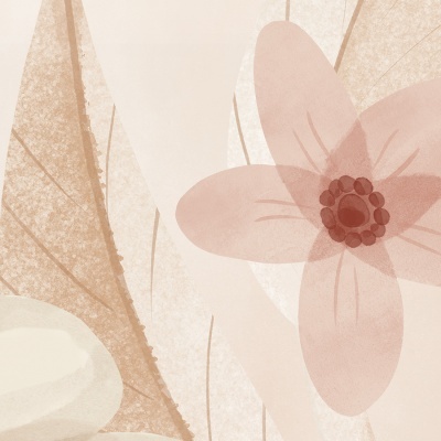 Ilustração abstrata de flor cor de rosa com folhas em tons bege e castanho