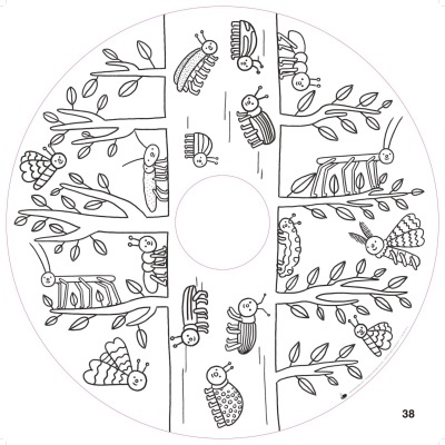 Desenho de insetos e galhos de árvores em forma circular preto e branco