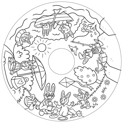 Desenho circular para colorir de coelhos em atividades ao ar livre