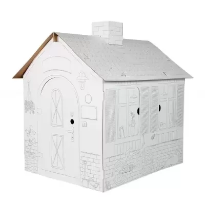 Casinha de papelão branca com desenhos para colorir em formato de casa