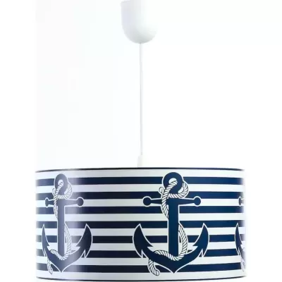 Candeeiro de teto com cúpula riscada azul e branca com âncoras azuis