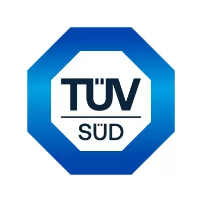 Logótipo azul e branco com palavras TÜV SÜD