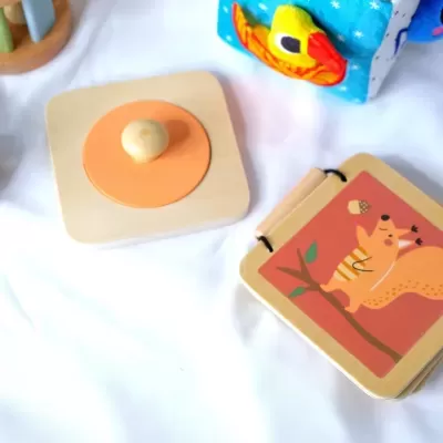 Jogo de encaixe de madeira e livro infantil de madeira com ilustração de esquilo.