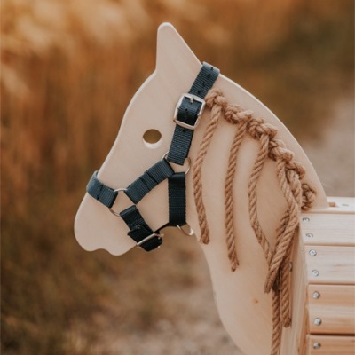 Cavalo de madeira com crina de corda e cabresto azul escuro