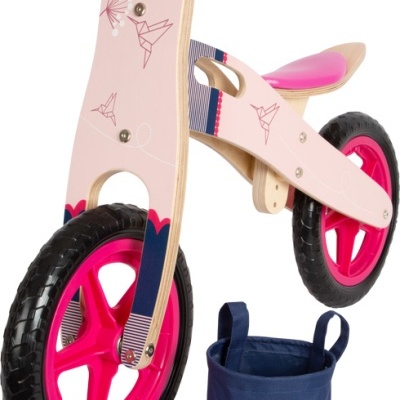Bicicleta de equilíbrio para crianças em madeira e rosa com saco azul