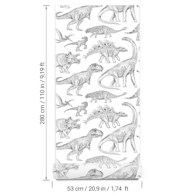 Papel de parede branco com desenhos a preto de dinossauros em estilo esboço