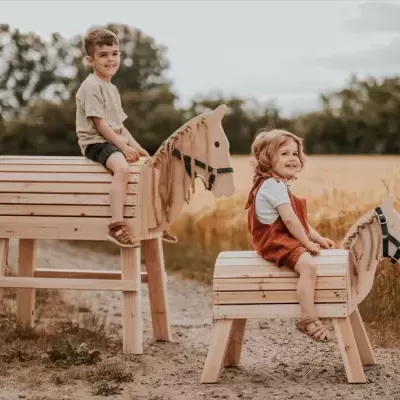 Duas figuras de cavalos de madeira para crianças, vistas num caminho de terra ao ar livre