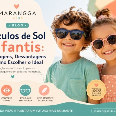 Crianças com óculos de sol infantis azuis e cor-de-rosa, texto promocional de óculos de sol infantis MARANGGA KIDS.