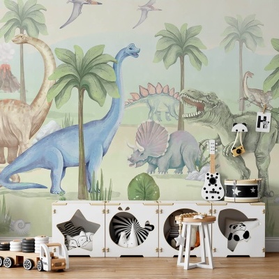 Quarto infantil decorado com papel de parede de dinossauros e móveis brancos com brinquedos de madeira