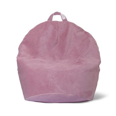 Pufe rosa claro redondo com alça, em fundo branco