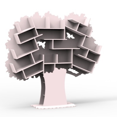 Estante em forma de árvore cor de rosa com prateleiras e recortes de animais