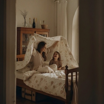 Roupa de cama com padrão de balões de ar quente em cama de madeira no quarto acolhedor