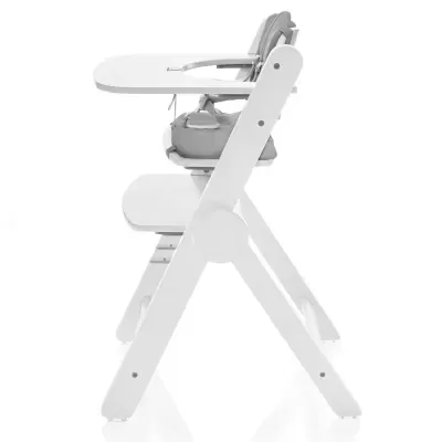 Cadeira alta para bebé em madeira branca com assento cinzento e bandeja branca