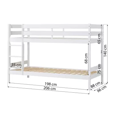 Cama dupla ou beliche de madeira branca com escada lateral e ripas de madeira natural, vista lateral com medidas.
