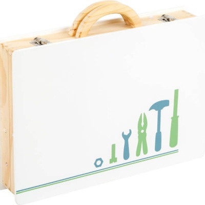 Estojo branco com ilustrações de ferramentas e pega de madeira