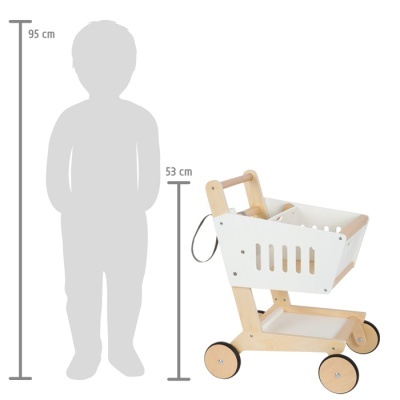 Carrinho de compras infantil branco e madeira clara com rodas pretas