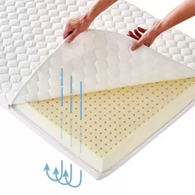 Colchão de espuma com tampa em tecido branco acolchoado e circulação de ar representada