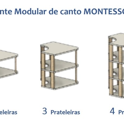 Estantes modulares de canto Montessori com 2, 3 e 4 prateleiras em madeira clara