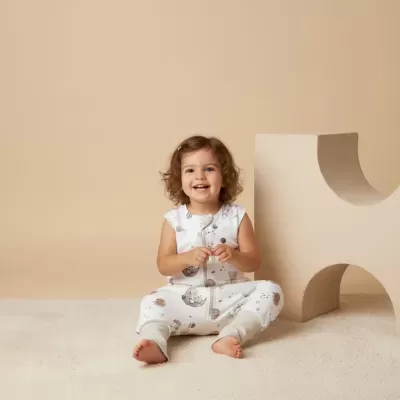 Menina sorridente sentada em tapete com macacão branco estampado de planetas.