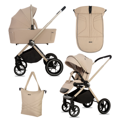 Carrinho de bebé e acessórios beige com rodas pretas e saco para pés ENBEE