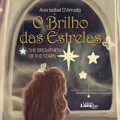 Capa de livro infantil com rapariga a olhar estrelas e borboletas num céu noturno