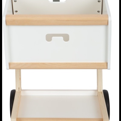 Carrinho de brinquedo de madeira com rodas pretas e caixa branca