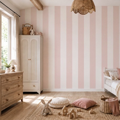 Quarto de criança com decoração em tons rosa, branco e madeira clara.