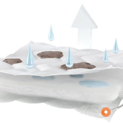 Ilustração de camadas de material absorvente branco com manchas castanhas e gotas azuis