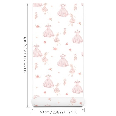 Papel de parede branco com desenhos rosa de vestidos de balé e sapatilhas.