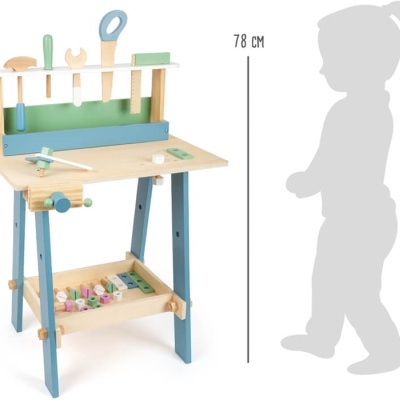 Bancada de trabalho infantil de madeira com ferramentas de brinquedo e marcação de altura 78 CM