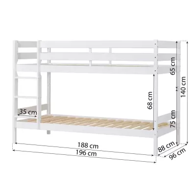 Cama alta dupla branca com escada e medidas em centímetros