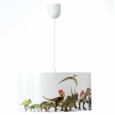 Lustre pendente branco com ilustrações de dinossauros coloridos