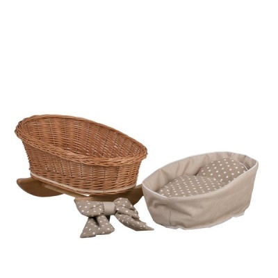 Cesto bebé em verga castanha com almofada beige com bolinhas brancas