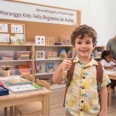 Criança em sala de aula sorridente com polegar para cima e materiais escolares organizados