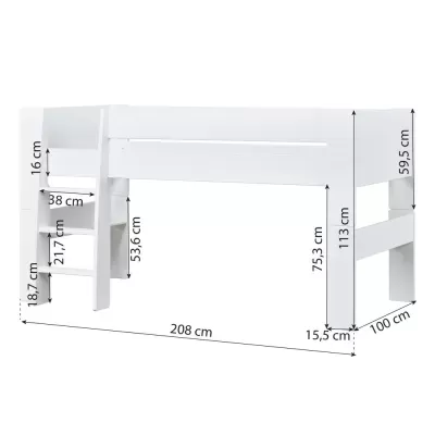 Cama alta branca em madeira com escada e medidas indicadas.