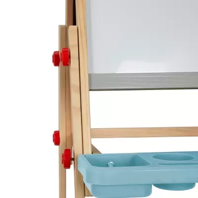 Suporte de madeira com quadro branco e bandeja azul