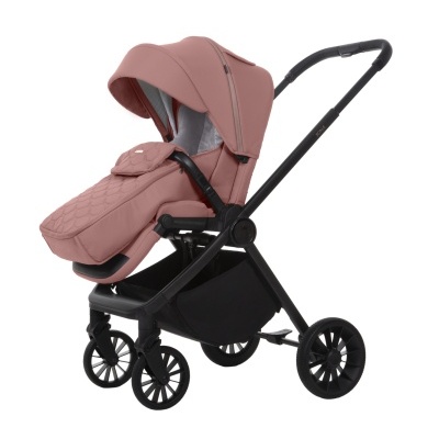 Carrinho de bebé cor de rosa com estrutura preta e capota